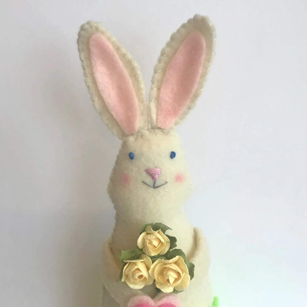 Bunny art doll holding yellow roses hand-sewn handmade heart